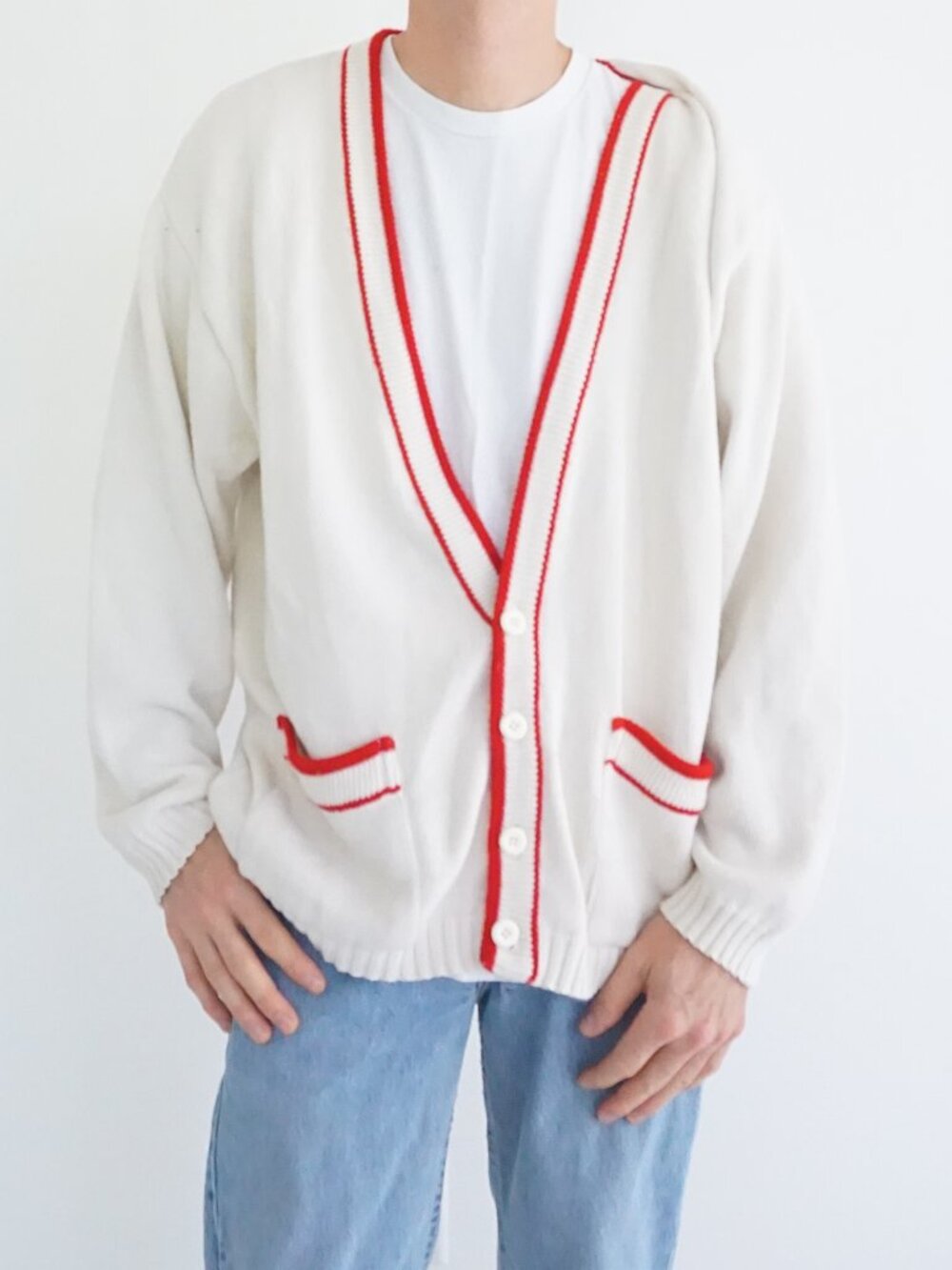 Vintage North Country Eaton White Red Striped Collegiate Varsity Knit Cardigan L